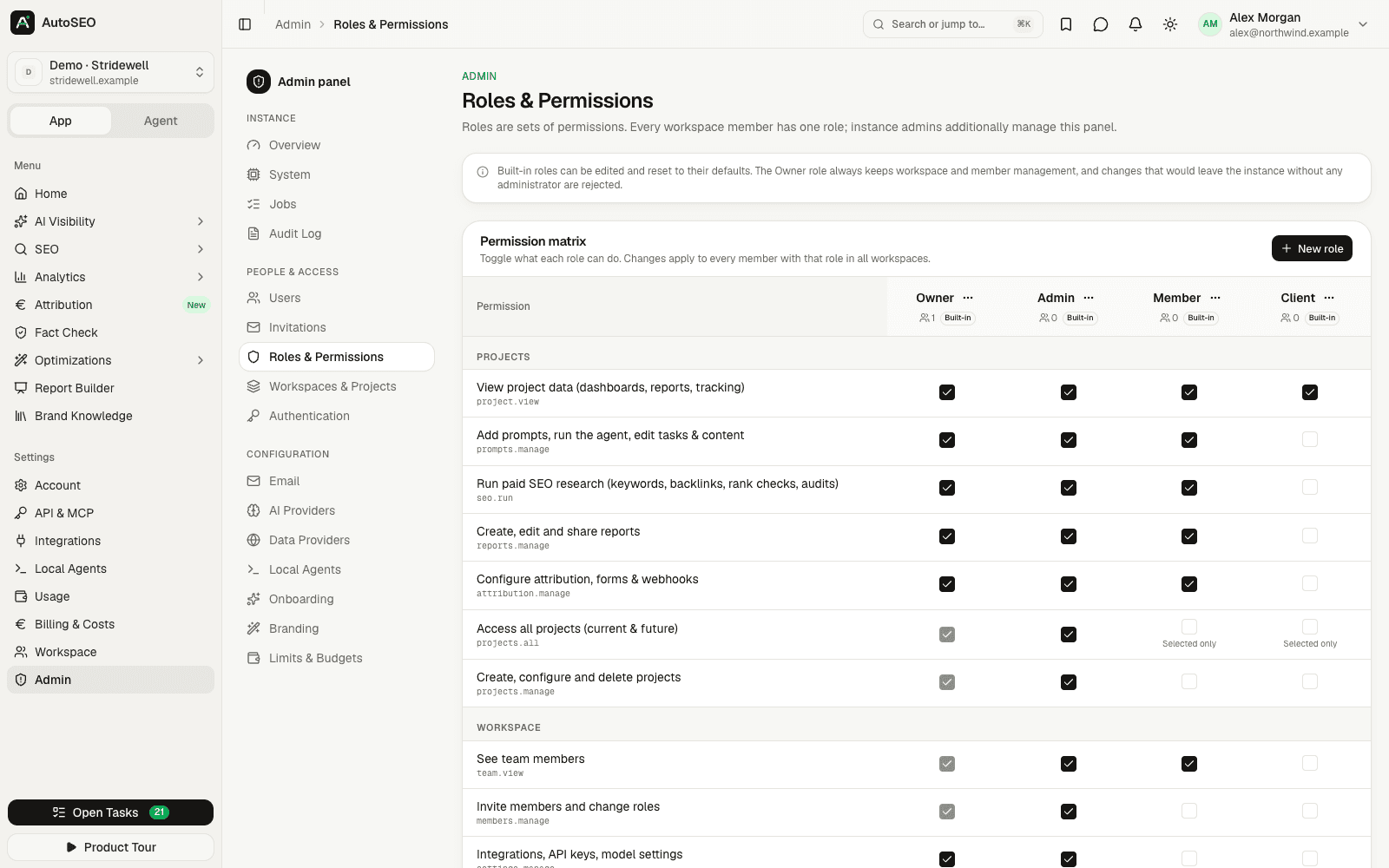 AutoSEO admin panel with users, roles and permissions