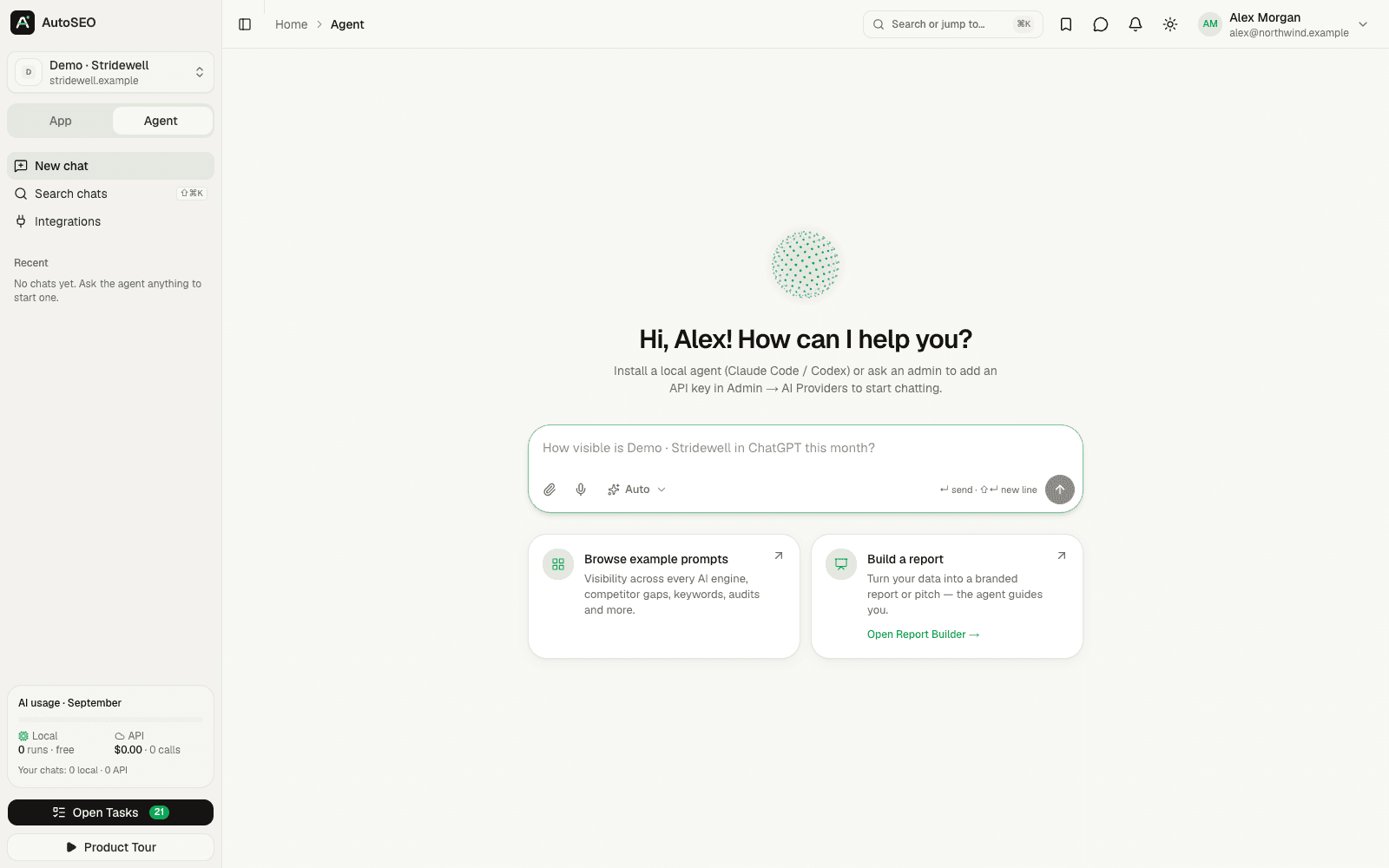 AutoSEO agent mode chat answering questions about AI visibility data