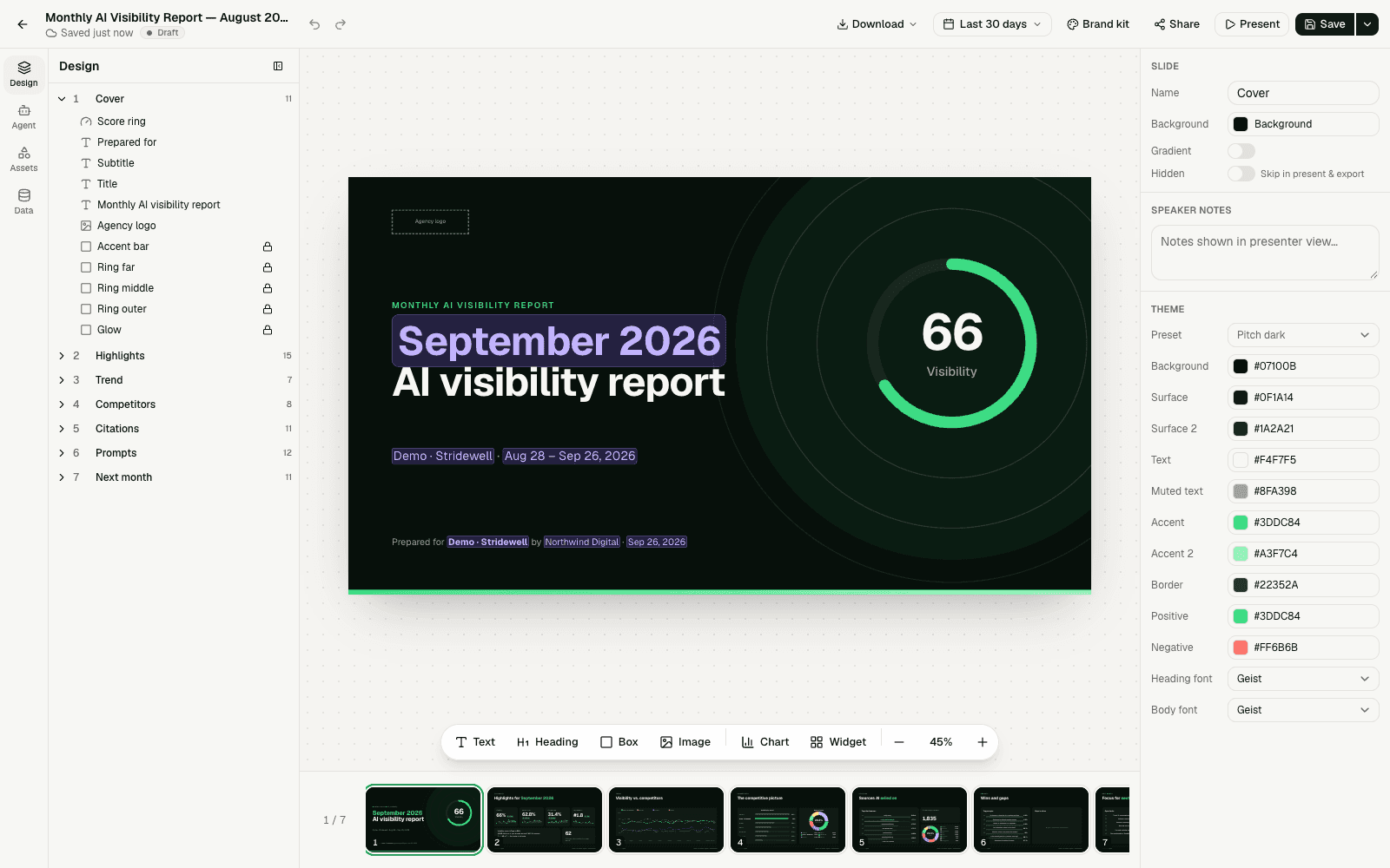 AutoSEO report builder with a branded slide showing AI visibility metrics