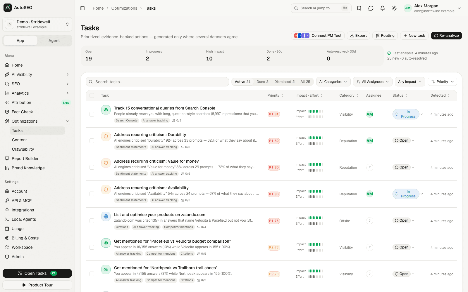 AutoSEO tasks with prioritized, evidence-backed actions for AI visibility and SEO
